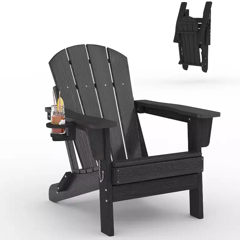 Folding Adirondack Chairs with Cup Holders - 24W x 32D x 36H All-Weather HDPE Outdoor Chairs for Patio, Deck & Garden