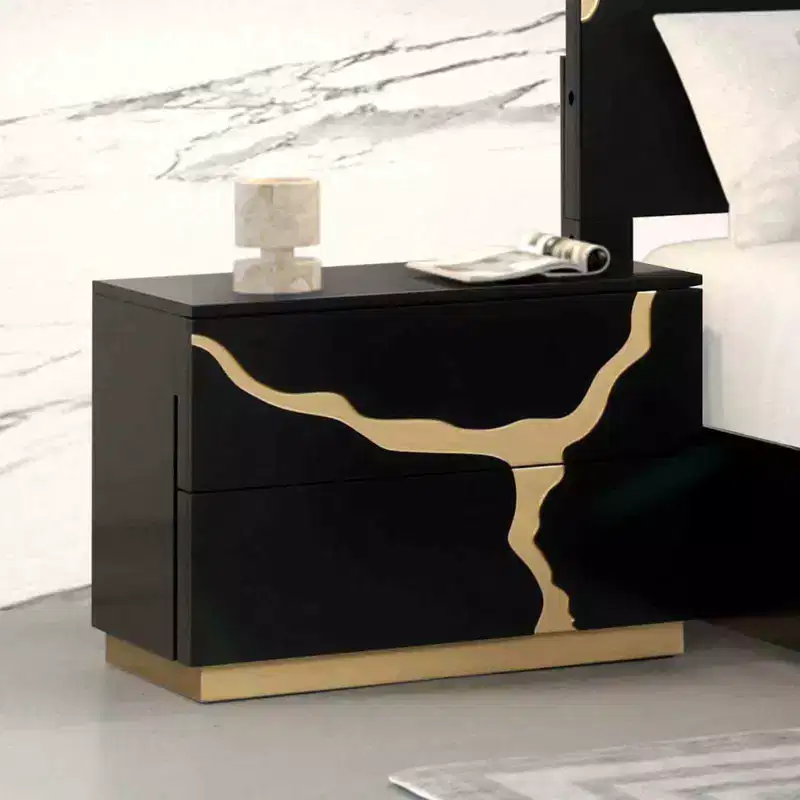 28-Inch Modern Single Nightstand Gold Lacquer Pattern French and English Dovetail Drawers Bedroom Furniture Black and Gold