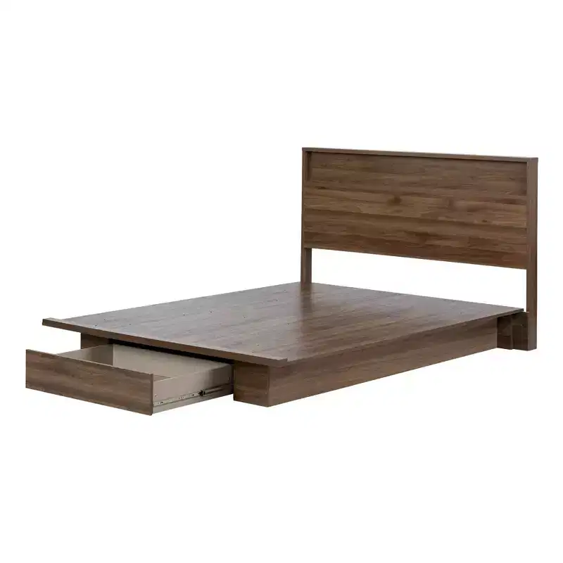 South Shore Full/Queen Tao Bed and Headboard Brown/Natural Walnut: Contemporary Platform with Storage Drawer