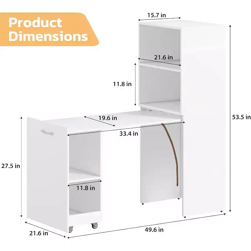 MooxvMoo Stretchable Desk with Storage Shelves and Mobile Wheels, Foldable Computer Table for Small Apartments and Home Offices, White