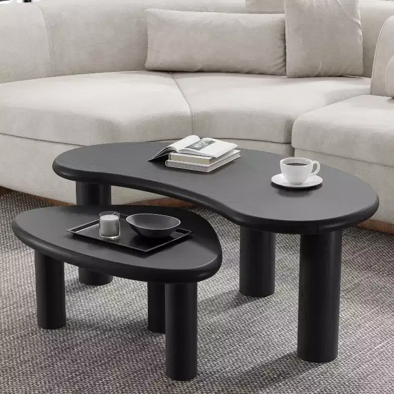 PexFix 34 Modern Black Nested Coffee Tables Set 2-Piece Irregular Organic Shaped Solid Wood Accent Tables for Home Office Living Room & Bedroom