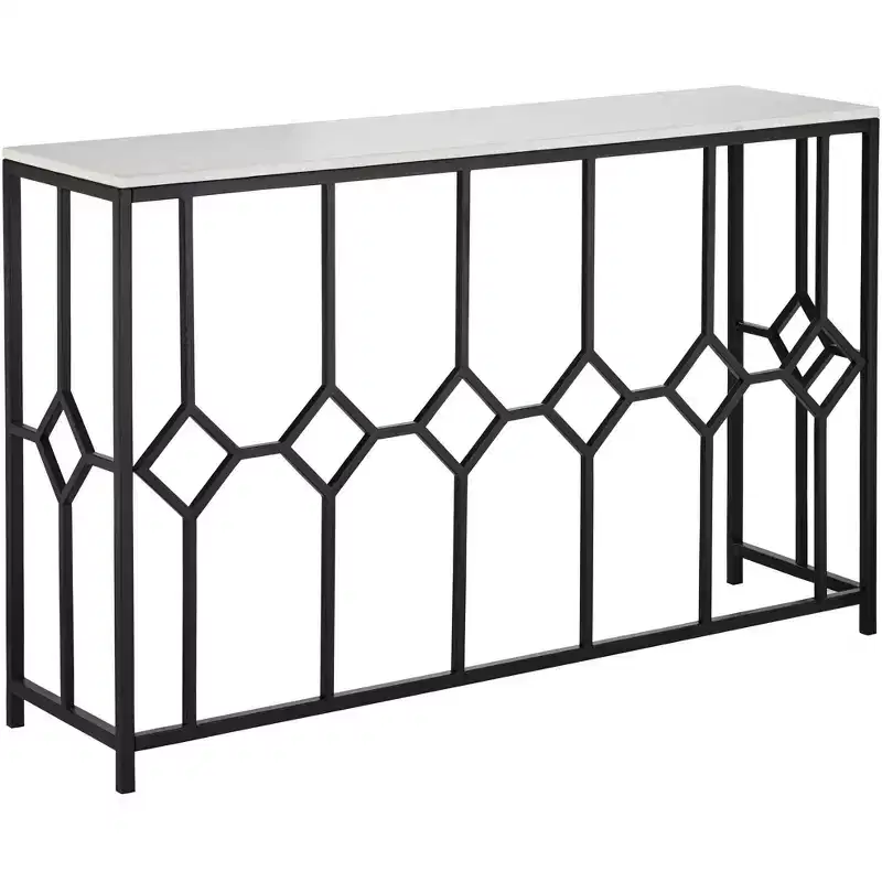 55 Downing Street Addy Modern Iron Rectangular Console Table 52 1/4 x 14 Black Geometrical White Stone Tabletop for Living Room