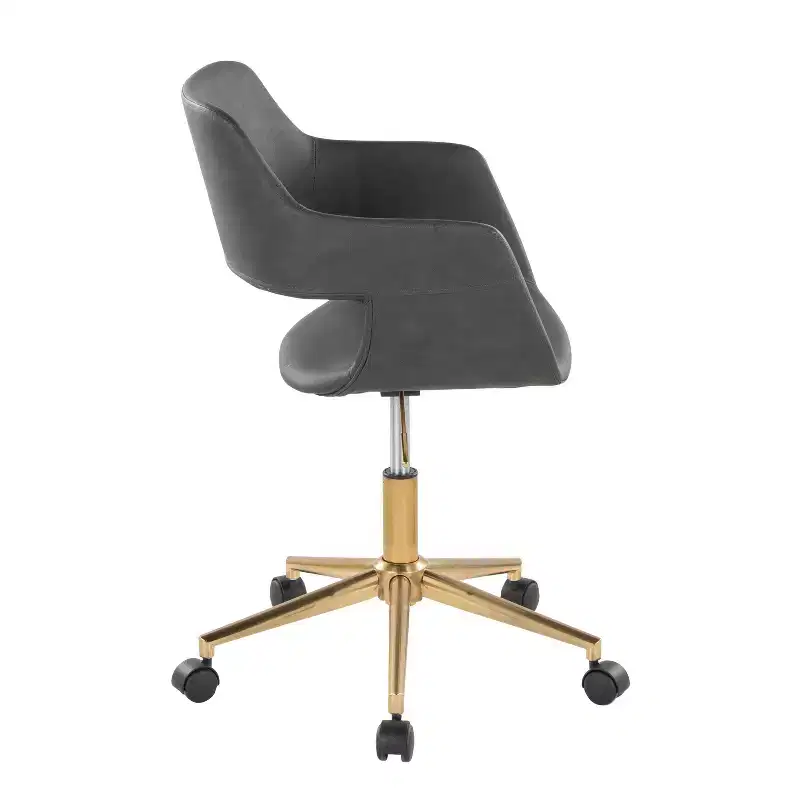 Adjustable Task Chair, Gold Metal Base, Gray PU Leather, Swivel, 250LBS Home Office