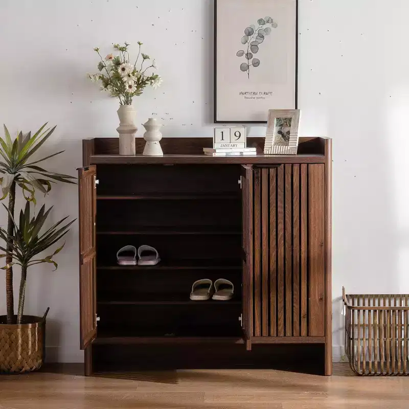 GDFStudio Hahn Modern Wooden Shoe Storage Cabinet with Adjustable Shelves and Breathable Louver Doors