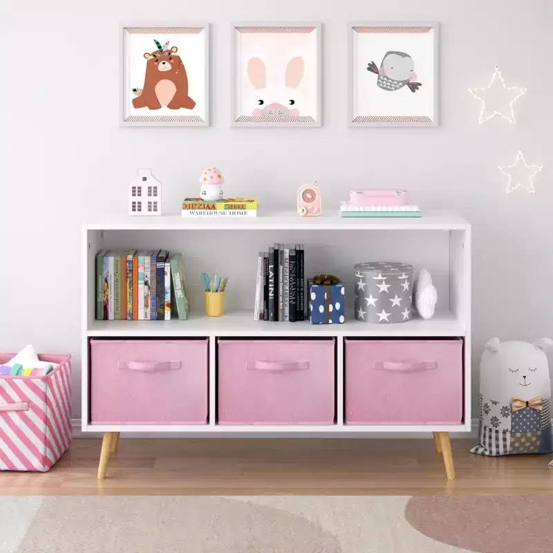 MAYEERTY Kid Bookshelf with Collapsible Fabric Drawers Toy Storage Cabinet Orangizer White and BLue