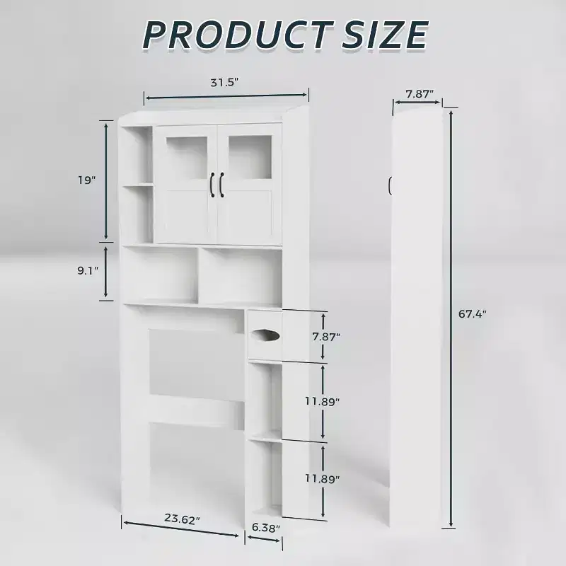 Over The Toilet Storage Cabinet,Glass Door Adjustable Bathroom Storage Organizer Over Toilet,with Toilet Paper Holder,for Bathroom, Restroom White