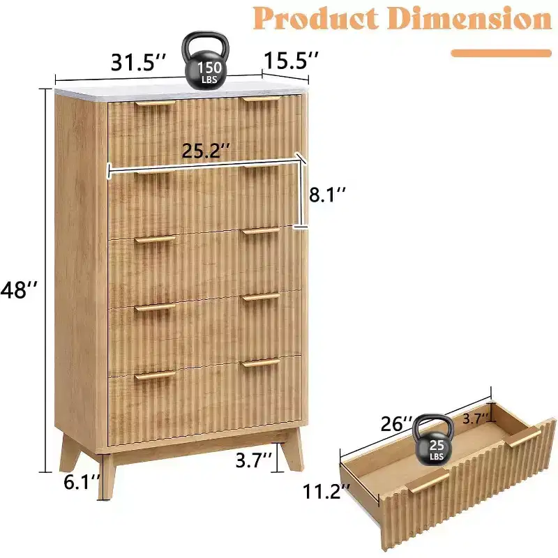 Fluted Drawer Dresser with Faux Marble Top, Wide Chest of Drawers for Bedroom, Living Room, Hallway, Entryway