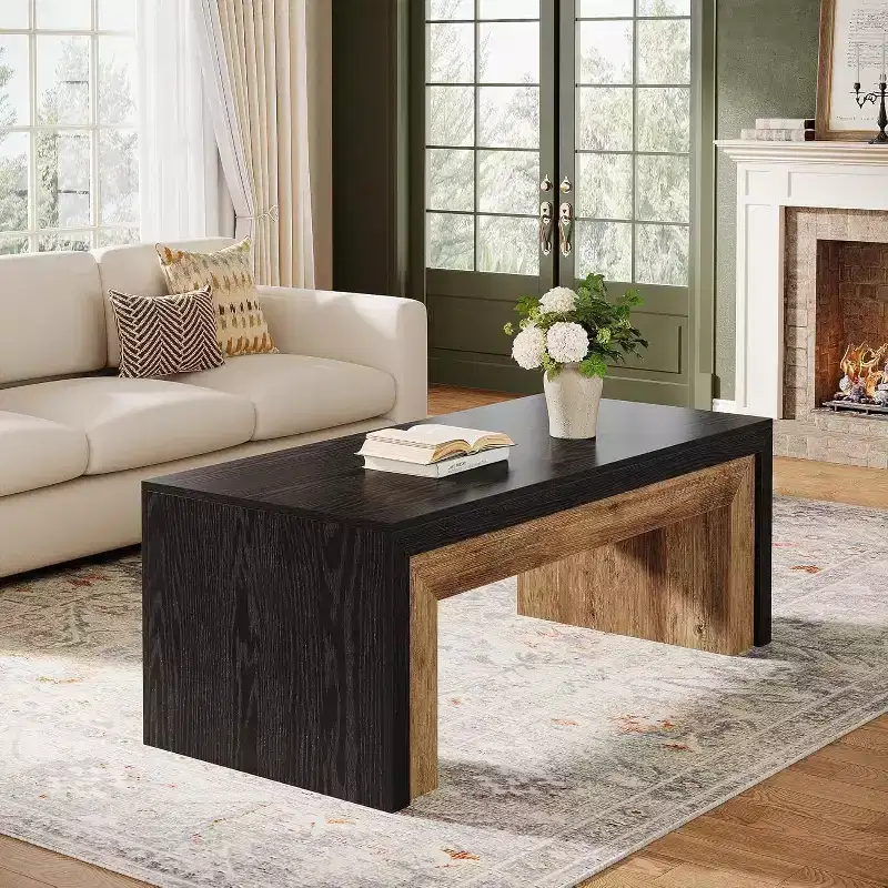 47-Inch Coffee Table for Living Room, Mid-Century Modern Farmhouse Center with Sturdy Base for Apartment, Easy Assembly, Black & Walnut