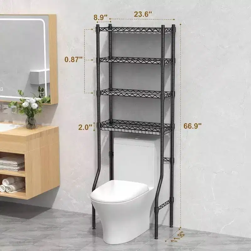4 Tier Over Toilet Storage Rack Bathroom Organizers with Adjustable Shelf and Basket Black Small Space Storage Cabinet