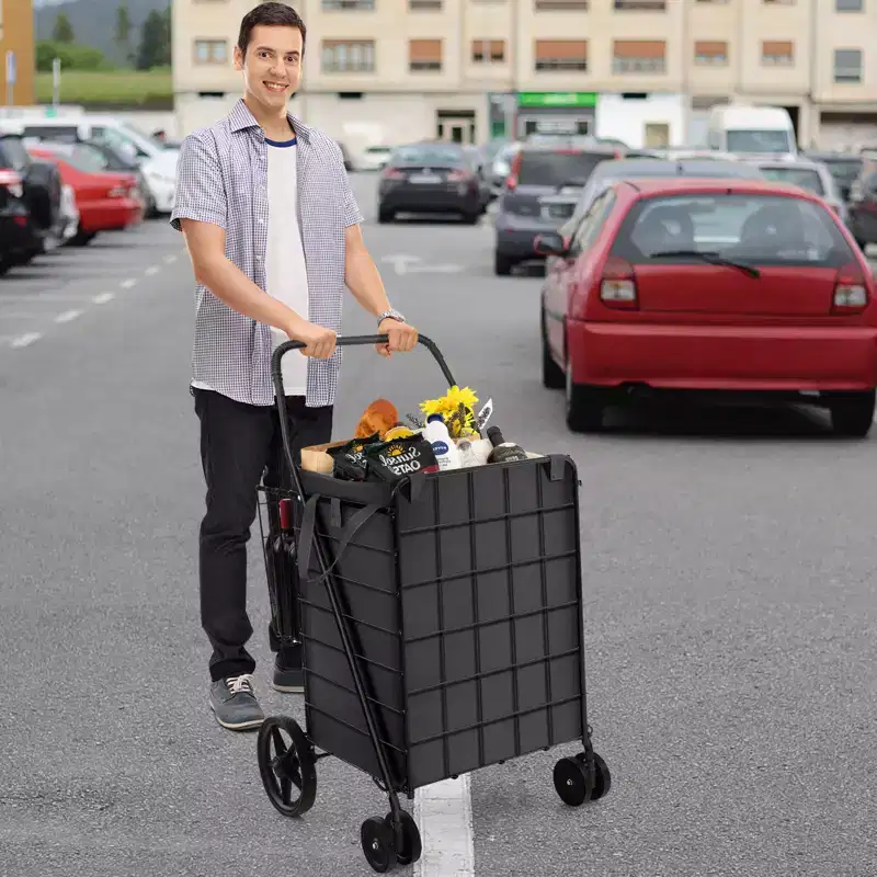 Gymax Collapsible Utility Shopping Cart with Dual Baskets and Water-Resistant Liner
