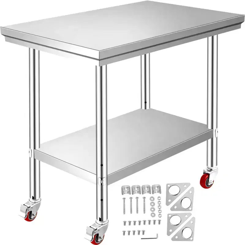 Stainless Steel Work Table 24 x 18 x 34 Inch, 700 LBS Load Capacity with 4 Wheels, 3 Adjustable Height Levels, Silver