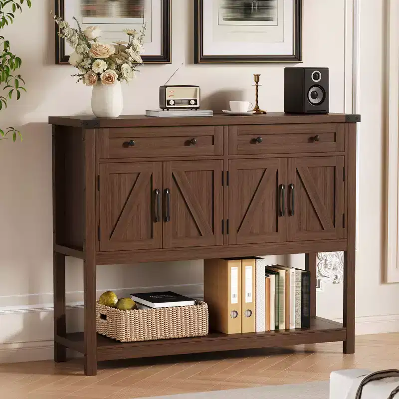 Rustic-style entryway table with 2 drawers, 4 doors, and open shelvinga narrow sideboard perfect for kitchens, hallways, or living rooms.