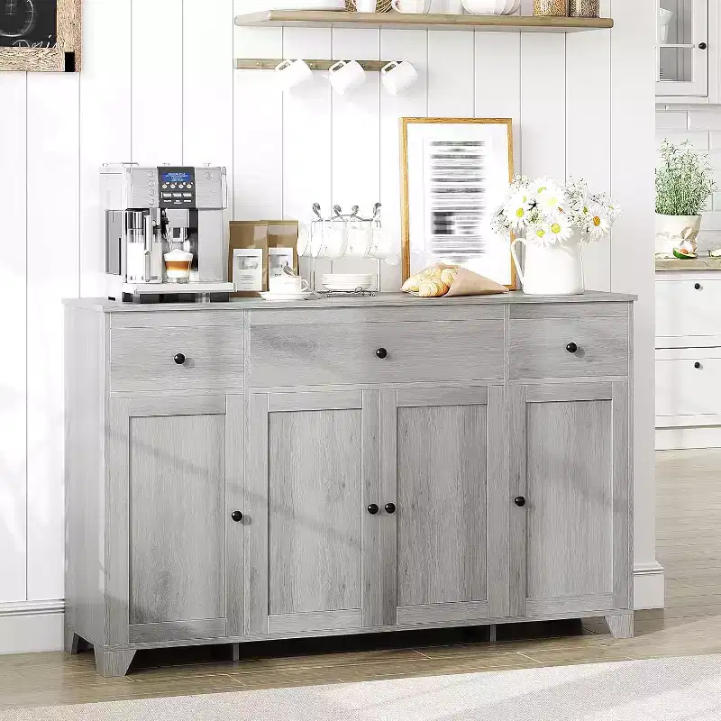 Sideboard Buffet Cabinet with Storage,Minimalist Kitchen Storage Cabinet with 3 Drawers&4 Doors,Farmhouse Buffet Console Table Coffee Bar for Kitchen
