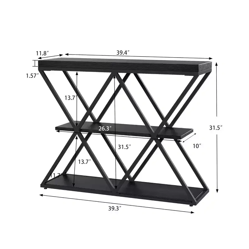 3-Tier Entryway Table with X-Shaped Metal Frame and Open Shelves