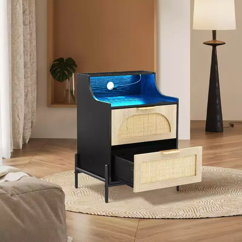 Nightstand with Outlets & USB - Adjustable Color Lighting Bedside Table, Rattan Side Table with 2 Drawers Storage