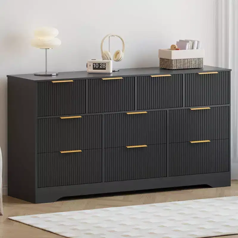 10 Drawer Dresser for Bedroom,59W Wooden Chest of Drawers with Gold Handles, Fluted Large Dresser TV Stand, Clothes Storage Organizer for Bedroom