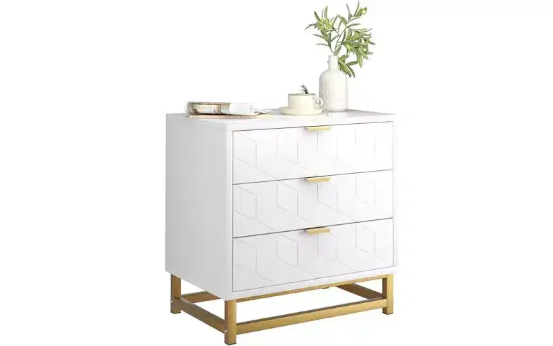 White 3-Drawer Wooden Organizer with Gold Metal Handles C Stylish Chest of Drawers