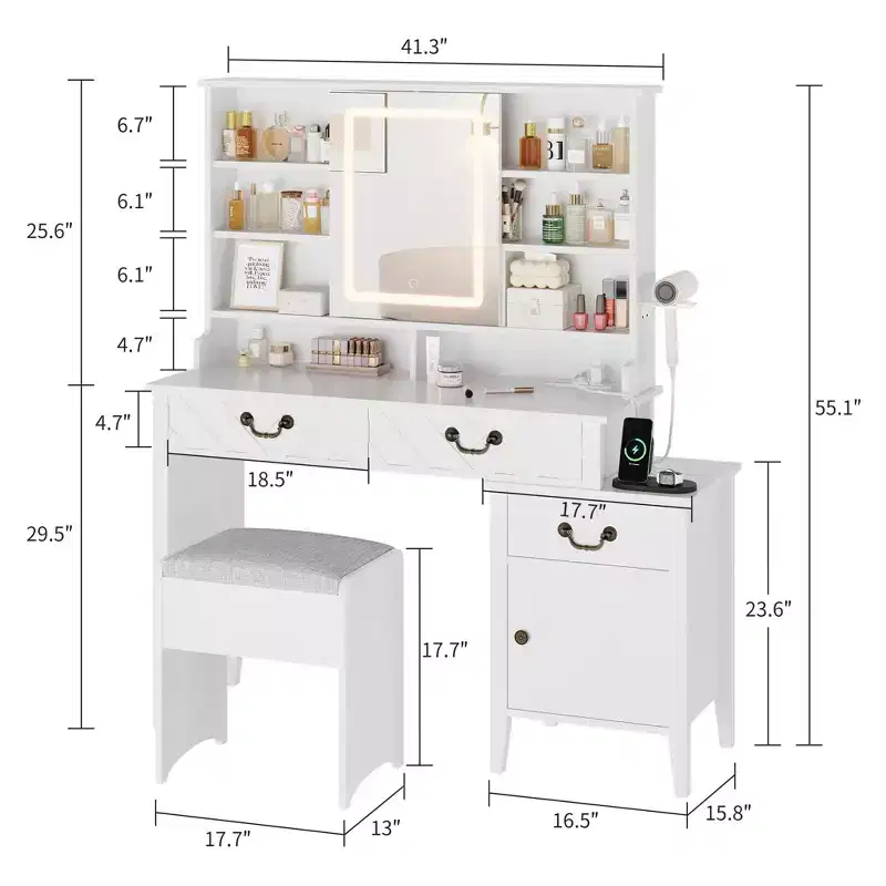 Vanity Desk with Sliding Mirror, Makeup Table with Stool, Modern Extendable Makeup Table, for Home, Living Room