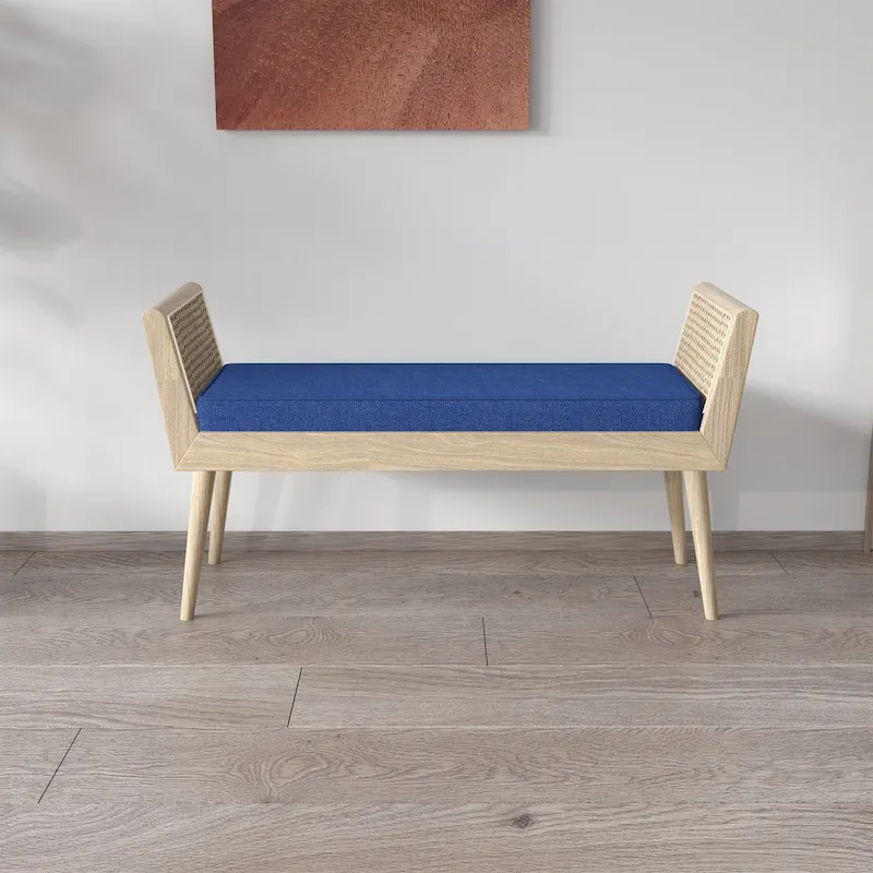 Aderyn Mid-Century Padded Bench with Raised Rattan Arms