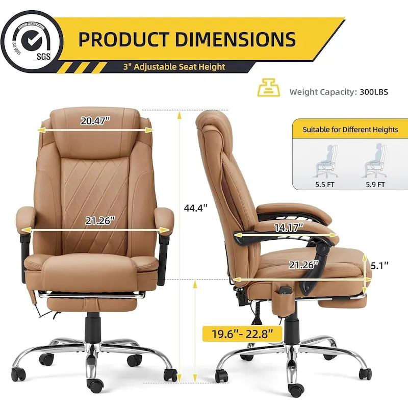 Ergonomic Heated Executive Office Chair, 2/4/6-Point Massage, Retractable Footrest, PU Leather