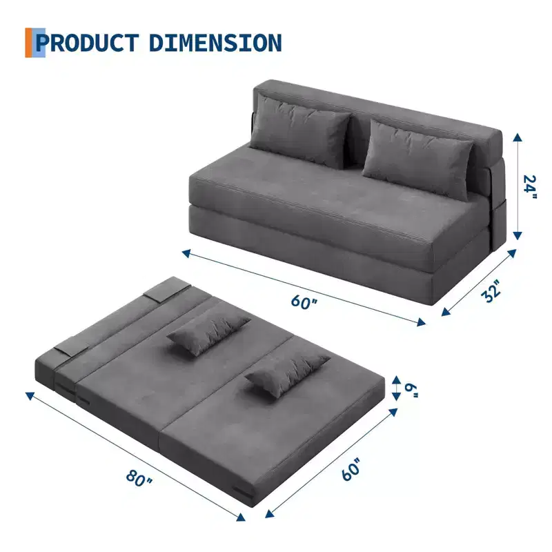 4-in-1 Folding Sofa Bed & Sleeper Chair, Convertible Corduroy Loveseat with Pillow for Living Room, Bedroom, or Guest Room, Dark Grey