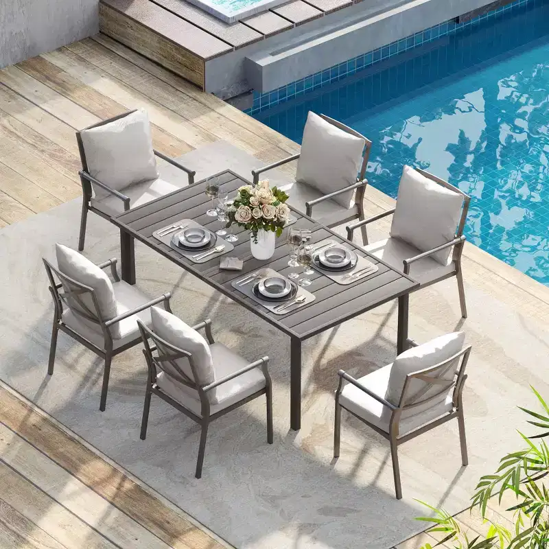 HAPPATIO Patio Dining Set, Outdoor Table and Chairs Set, Powder-Coated Metal Chairs with Cushions, Table with Umbrella Hole for Deck Backyard Lawn
