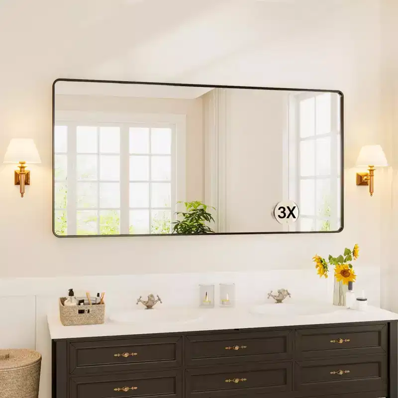 COZONY Black Metal Framed Bathroom Mirror, Rounded Rectangle Wall Mirror for Vanity, Horizontal/Vertical