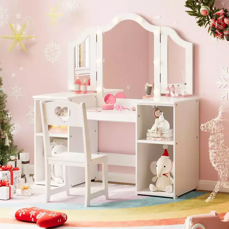 Princess Vanity Table & Chair Set for Girls with Tri-Folding Mirror, Touch Light Vanity Desk with Storage & High Back Chair - Gift for Girls