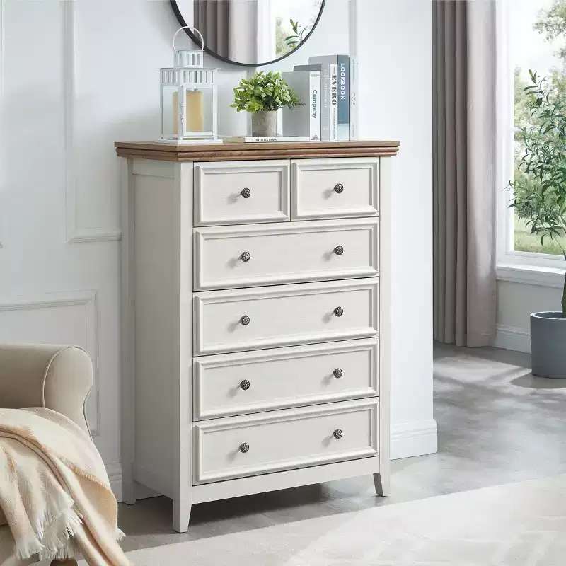 Modern 6-Drawer Dresser with Vintage Carved Handles and Metal Rails for Bedroom Storage