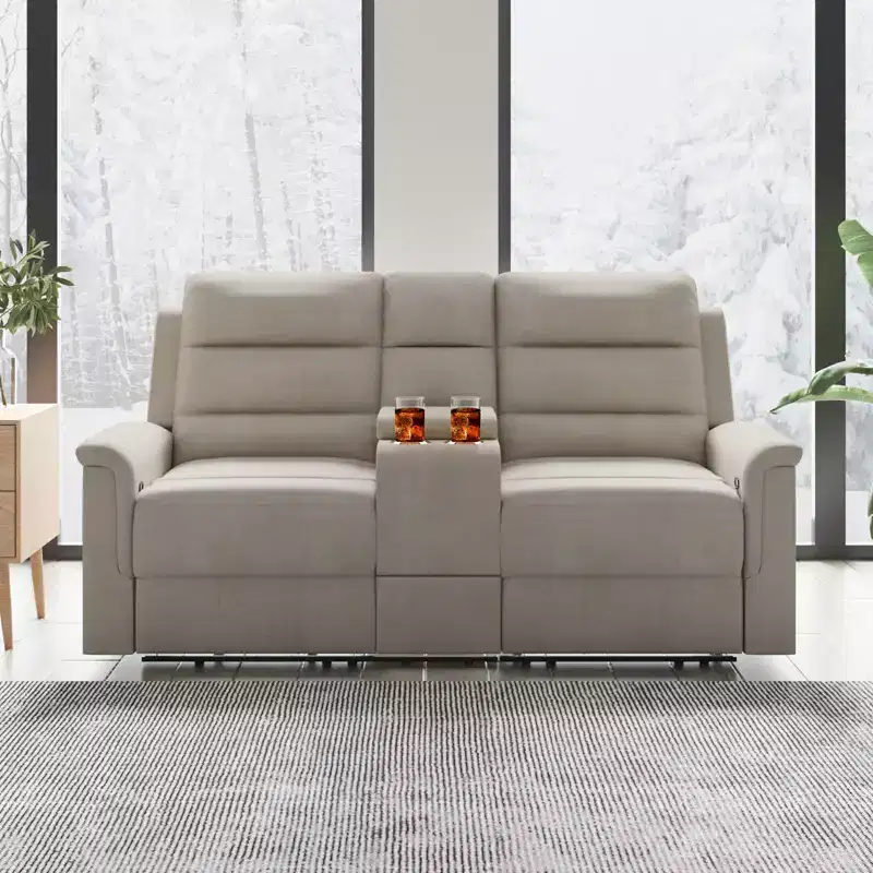 Beige/Gray Tech Fabric Reclining Loveseat Sofa, 2-Seat, Adjustable Backrest & Footrest