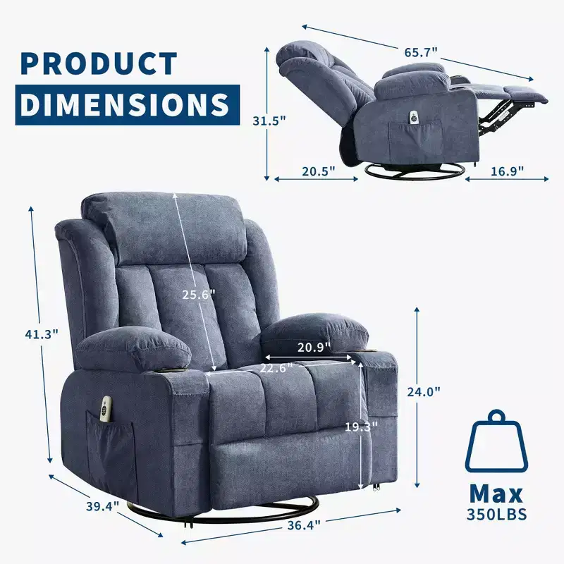 Oversized 360 Swivel Recliner with Heat & Massage. Wide Rocker for Big & Tall, 3-Positions, Cup Holders, USB Port & Pocket  Ultimate Lounge Chair.