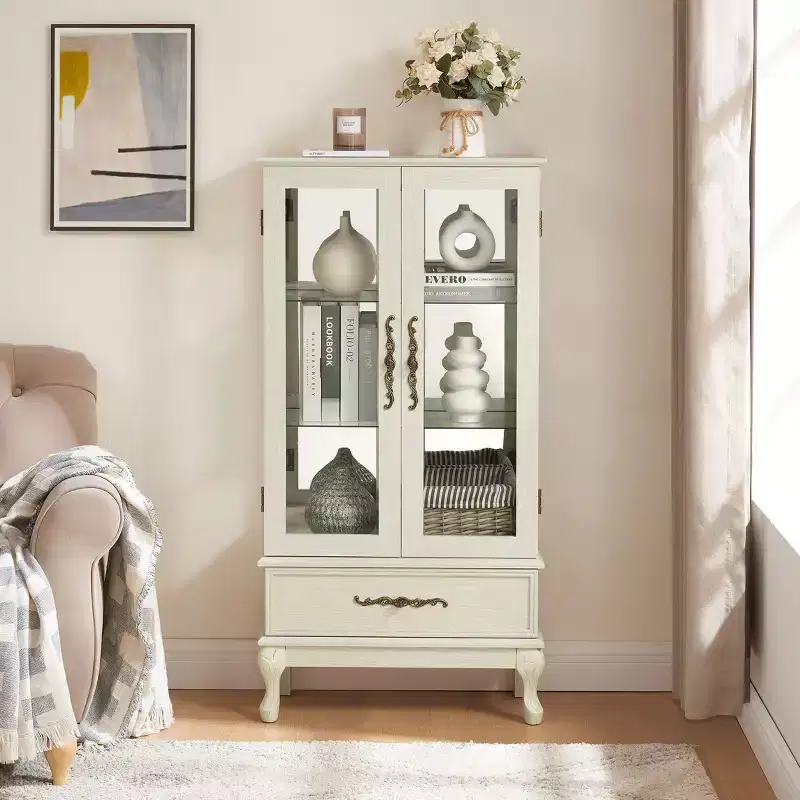 Curio Cabinet with Light, Adjustable Shelves, Vintage Drawer, and Carved Handles for Sophisticated Display