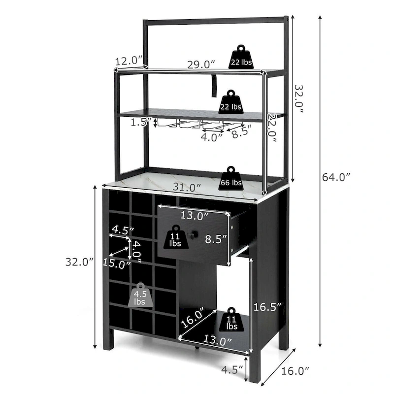 Gymax Kitchen Bakers Rack Freestanding Wine Rack Table w/ Glass Holder