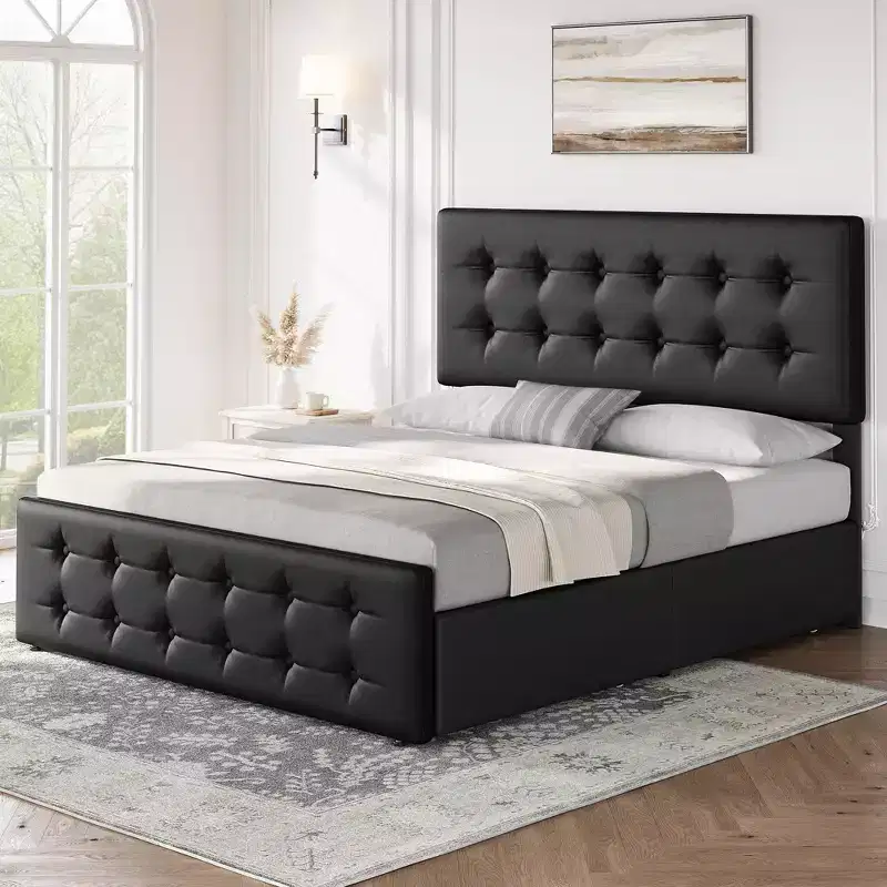 Linen Upholstered Bed Frame with 4 Storage Drawers | Metal Frame & Button Tufted Headboard | Wood Slat Support | No Box Spring Needed