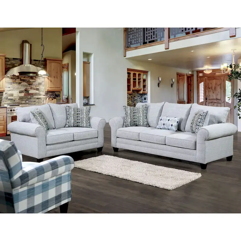 Transitional Grey Fabric Loveseat with Pillows