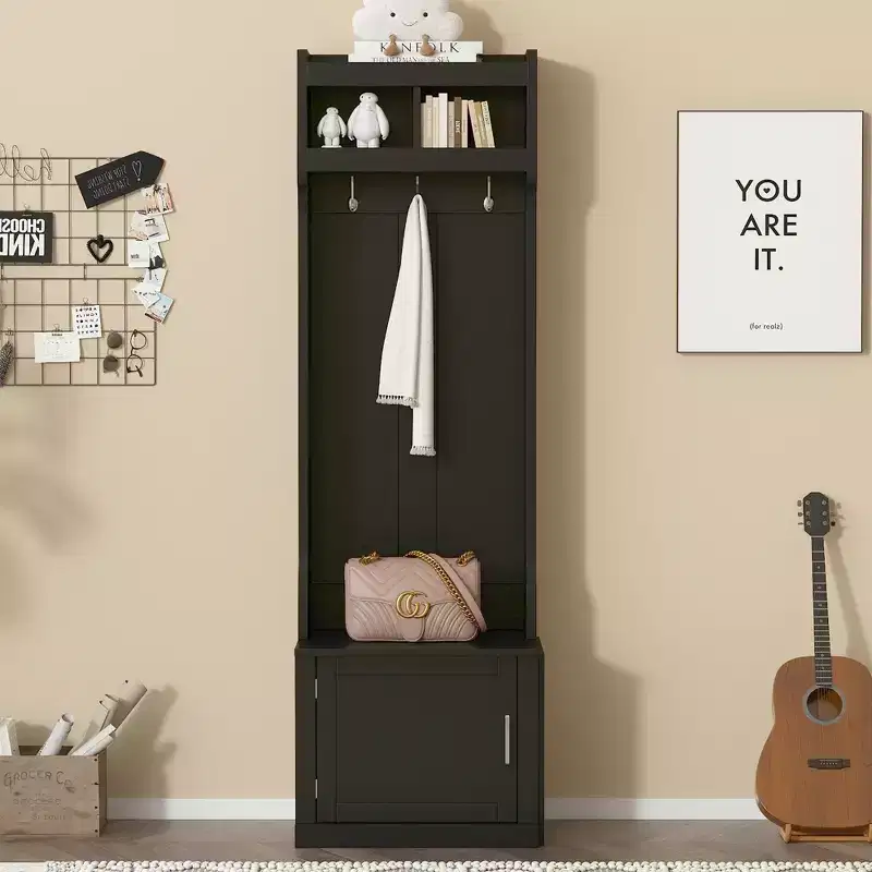 Minimalist Slim Hall Tree with Cabinet & 6 Hanging Hooks, Multi-functional Storage Bench with Coat Rack, Elegant Foyer Cabinet