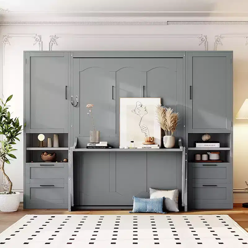 Full Murphy Bed Wall Bed with Closet, Full Size Cabinet Bed Folding Wall Bed with Storage Drawers and Shelves for Guest Room Office