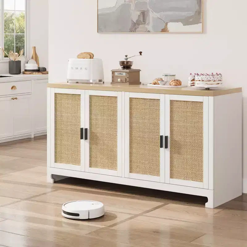 Rattan Accent Storage Cabinet with 4 Doors & Shelf, Modern Console Coffee Bar Cabinet