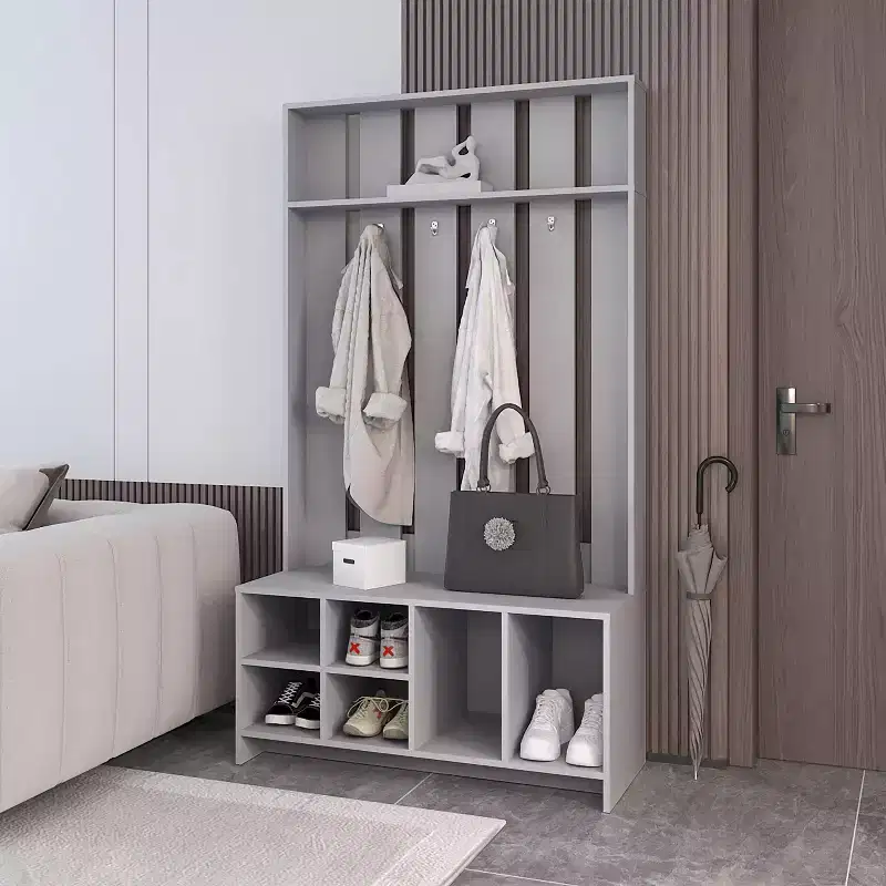 Minimalism Hall Tree with 4 Hooks, Freestanding Coat Rack with Shoe Storage Bench and Top Shelves, Storage Rack for Living Room, Hallway, Smoke
