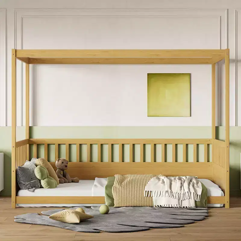 Four Poster Design Twin/Full Floor Bed Frame with Guardrails, Wooden Canopy Beds for Kids Room, Bedroom