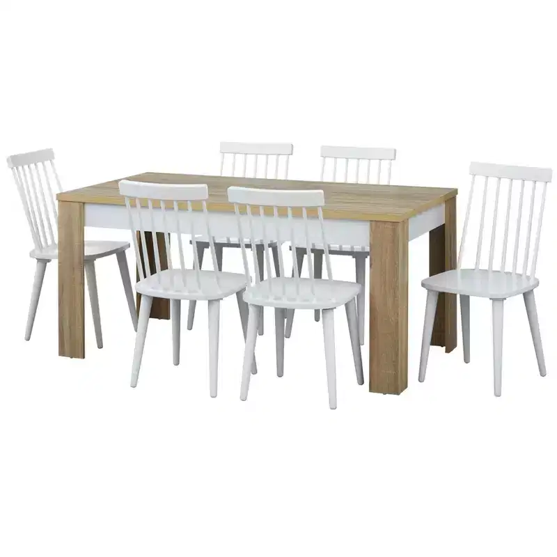 Natural/White Rectangle Dining Table Set, Seats 6, 7-Piece