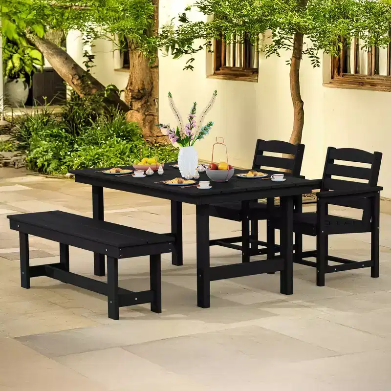 Hyleory Recycled HDPE 4pc Patio Dining Set - Rectangular Table & Umbrella Hole,Patio Dining Bench,2 Patio Armchairs
