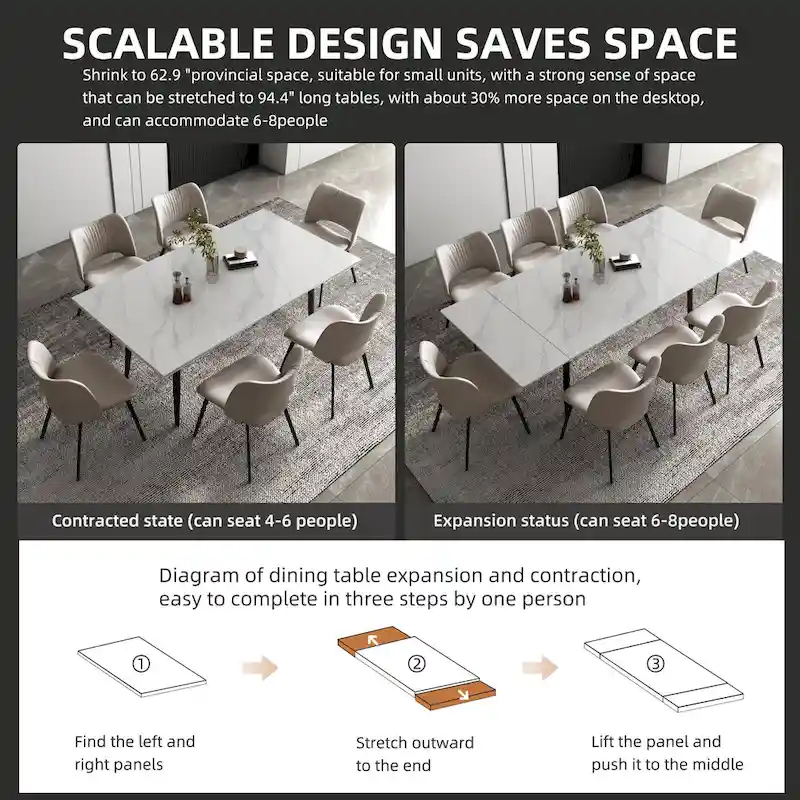 7 Piece 62.9 inch to 94.4 inch Extendable Dining Table Set with Sintered Stone Top 6 Chairs