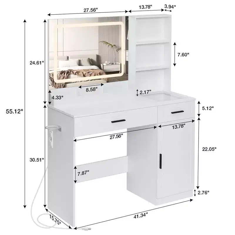 Hommpa Makeup Desk Vanity with Charging Station and Storage Shelves White One Cabinet