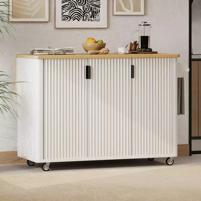 51 inch White Fluted Kitchen Island with Drop Leaf Rolling Kitchen Cart with Towel Rack for Kitchen Dining Room
