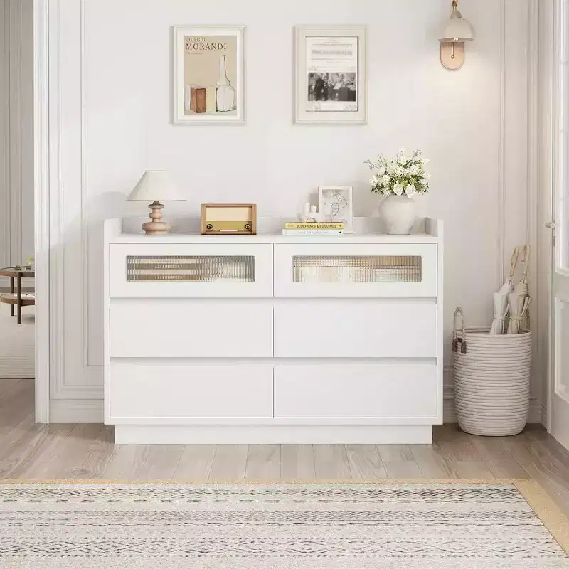 Modern 6-Drawer Dresser with Built-in LED Lights, 47 Wide. White Wood Storage Chest for Bedroom, Living Room, or Entryway Organization.