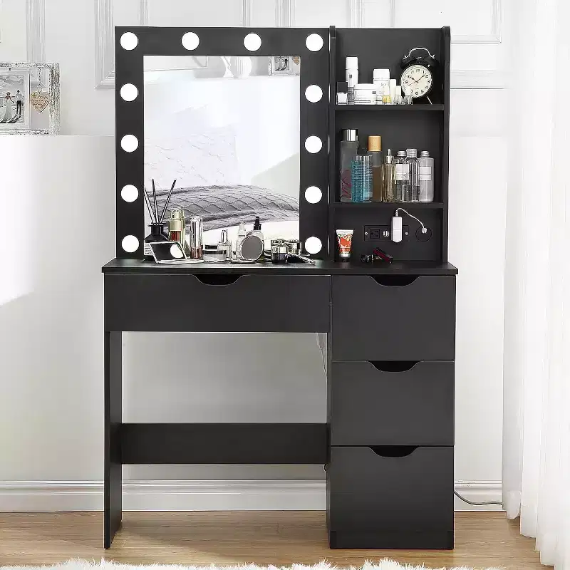 Vanity Desk with Mirror, Modern Makeup Vanity Table with 4 Drawers and 3 Storage Shelves Dressing Table for Bedroom, Dressing Room, Cloakroom