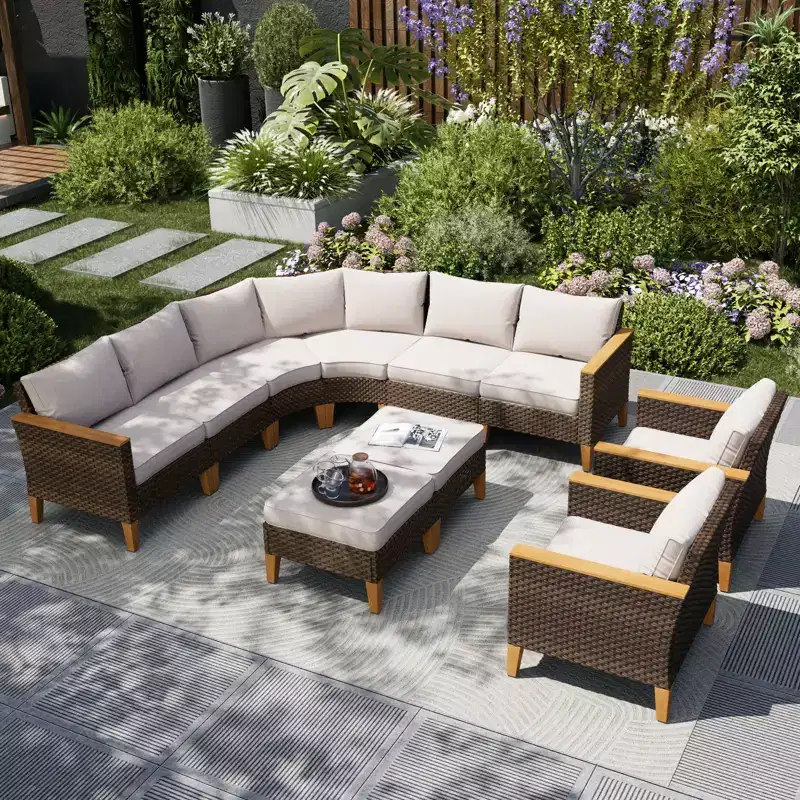Captiva Designs 10pc Outdoor Wicker Rattan Patio Half-Moon Curved Sectional Sofa Set with Cushioned Ottoman