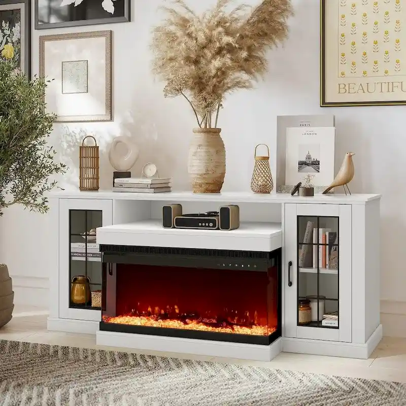 Entertainment Center with Adjustable Glass Shelves and Built-in Electric Fireplace - 70