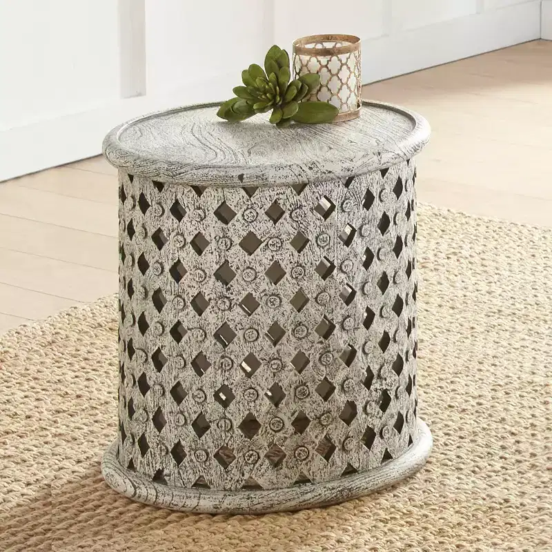 Round End Table, Alabaster Finish, Mango Wood, Lattice Base, No Assembly